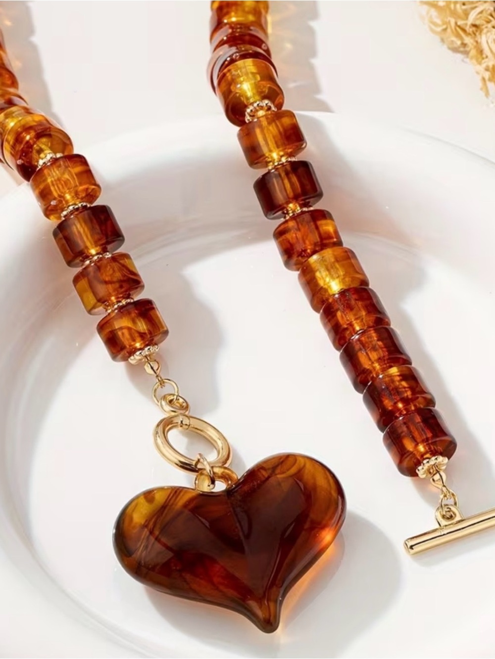 Amber-Tone Heart Pendant Beaded Necklace - Women Jewelry - Picture 5 of 5